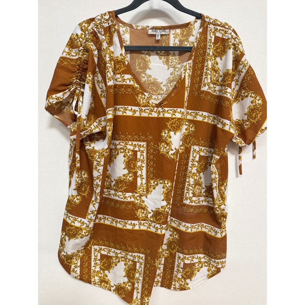 Speed Limit MPH Womens 2X Baroque Chain Print V-Neck Cinch Sleeve Blouse Cognac